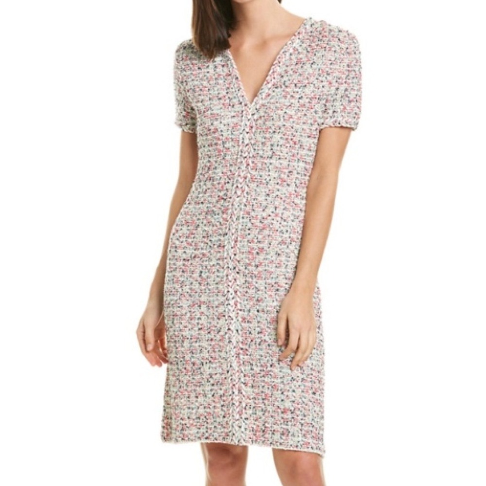 St. John Size 8 Multicolor Tweed Knit Sheath Dress Braided Trim